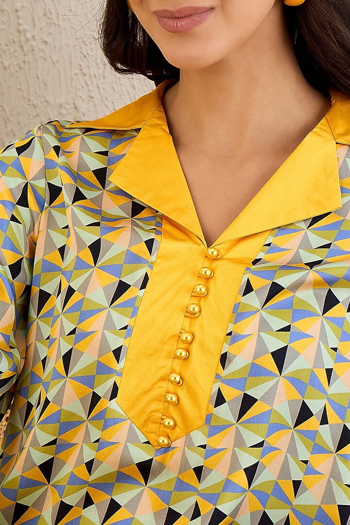 Primrose Yellow Bemberg Modal Satin Geometric Printed Co-Ord Set by First Resort by Ramola Bachchan at Pernia's Pop Up Shop