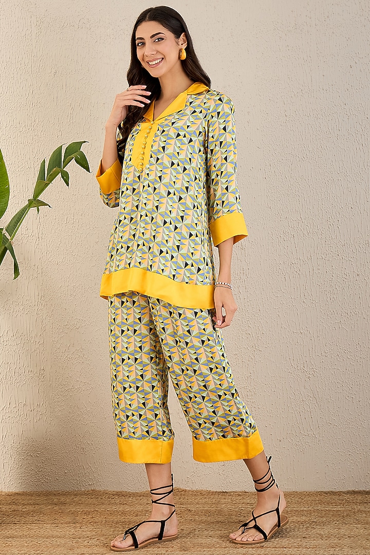 Primrose Yellow Bemberg Modal Satin Geometric Printed Co-Ord Set by First Resort by Ramola Bachchan at Pernia's Pop Up Shop