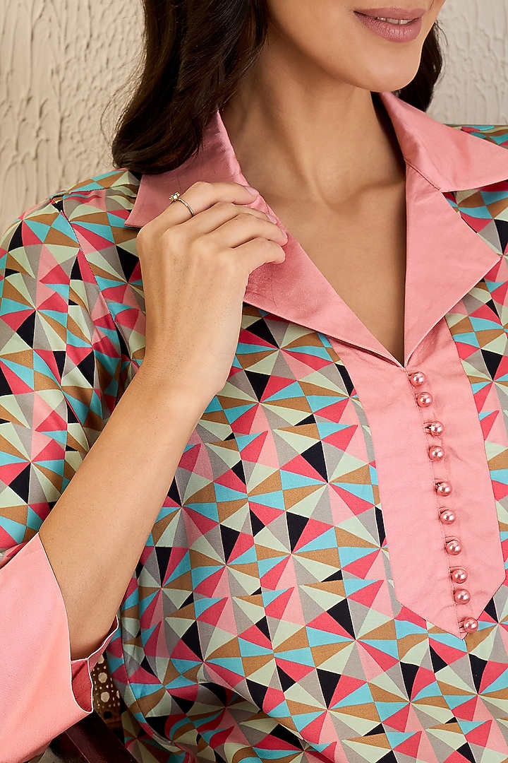 Rosepink & Cyan Bemberg Modal Satin Geometric Printed Co-Ord Set by First Resort by Ramola Bachchan at Pernia's Pop Up Shop