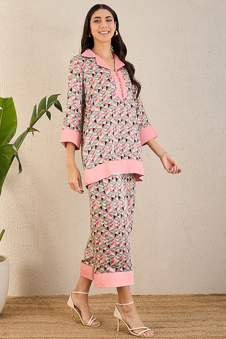 Rosepink & Cyan Bemberg Modal Satin Geometric Printed Co-Ord Set by First Resort by Ramola Bachchan at Pernia's Pop Up Shop