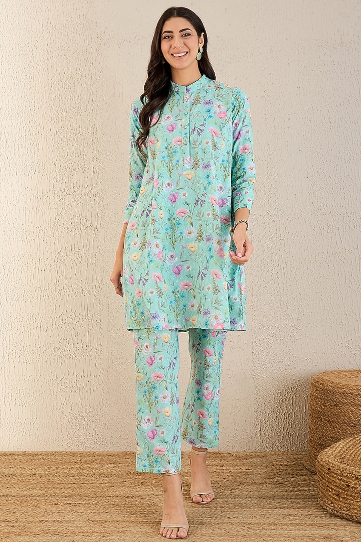 Aqua Marine Cotton Floral Printed Co-Ord Set by First Resort by Ramola Bachchan at Pernia's Pop Up Shop