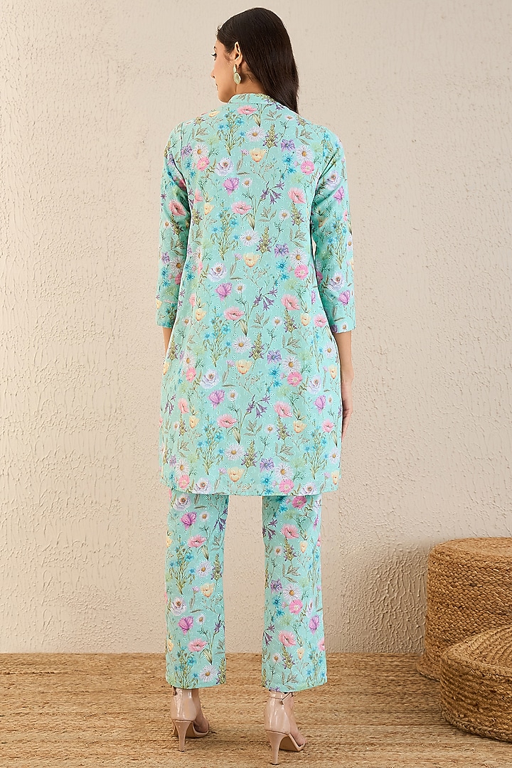 Aqua Marine Cotton Floral Printed Co-Ord Set by First Resort by Ramola Bachchan at Pernia's Pop Up Shop