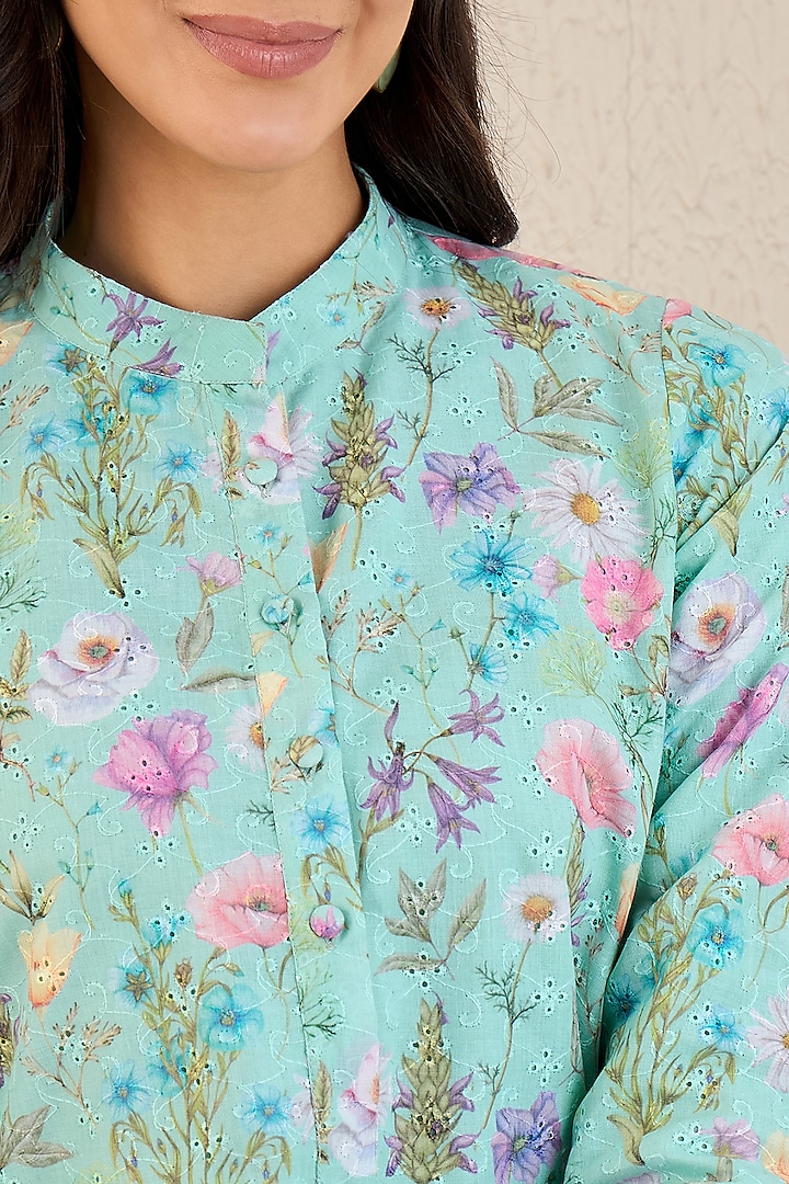 Aqua Marine Cotton Floral Printed Co-Ord Set by First Resort by Ramola Bachchan at Pernia's Pop Up Shop