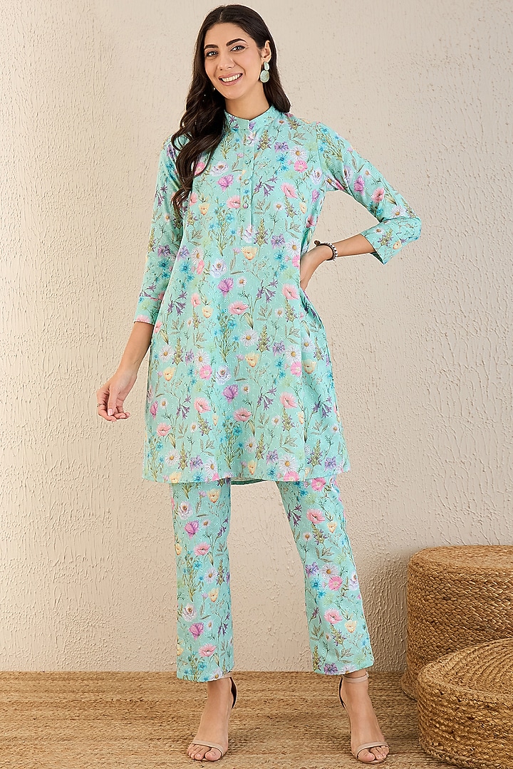 Aqua Marine Cotton Floral Printed Co-Ord Set by First Resort by Ramola Bachchan at Pernia's Pop Up Shop