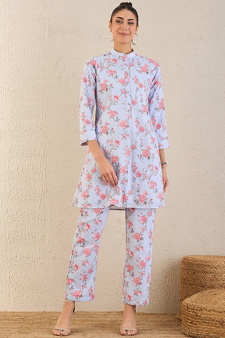 Ice Blue & Pink Cotton Floral Printed Co-Ord Set by First Resort by Ramola Bachchan at Pernia's Pop Up Shop