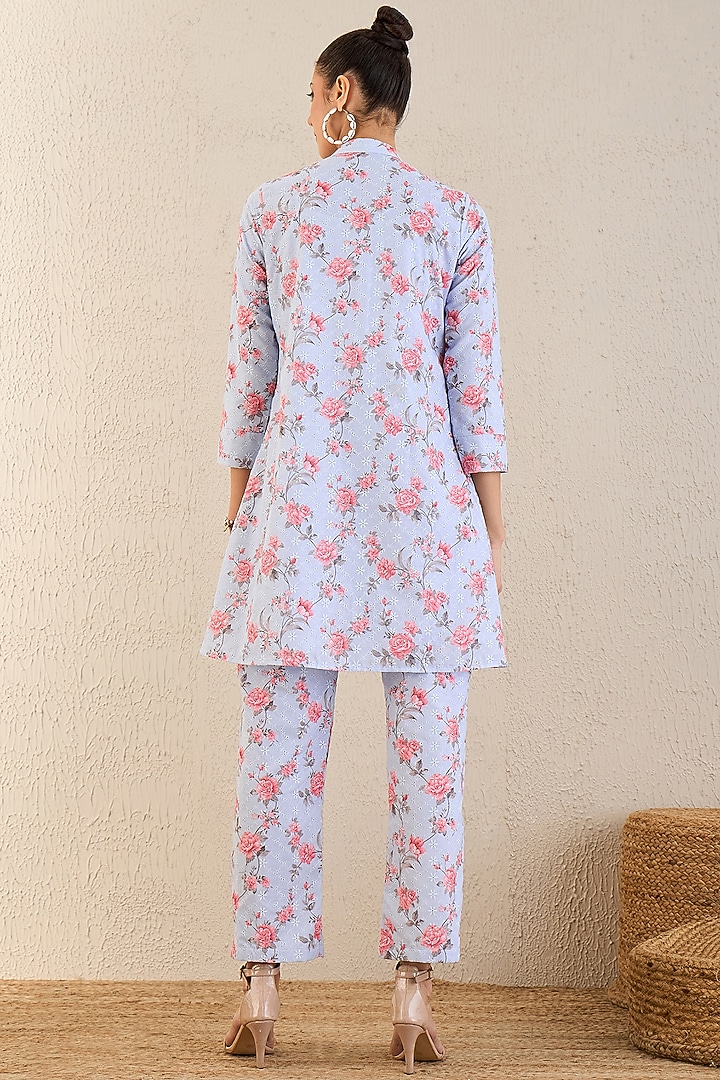 Ice Blue & Pink Cotton Floral Printed Co-Ord Set by First Resort by Ramola Bachchan at Pernia's Pop Up Shop