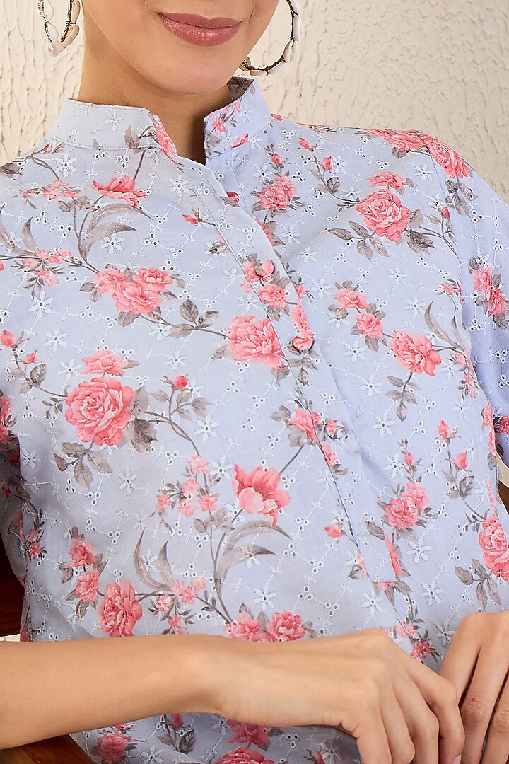 Ice Blue & Pink Cotton Floral Printed Co-Ord Set by First Resort by Ramola Bachchan at Pernia's Pop Up Shop