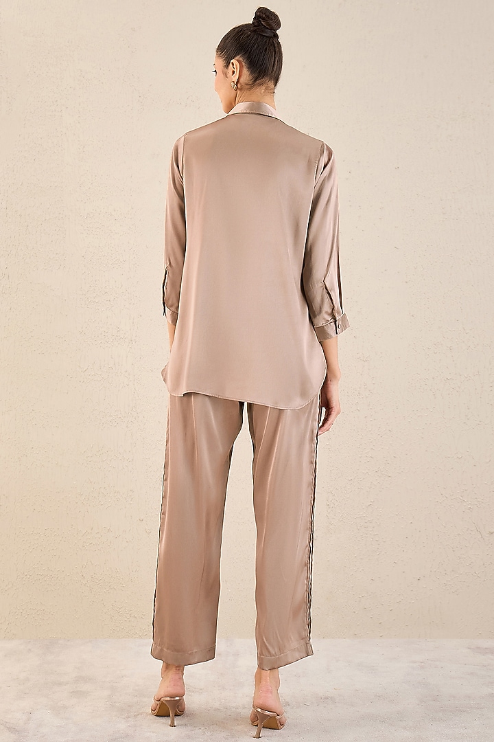 Hazel Brown Polyester Satin Co-Ord Set by First Resort by Ramola Bachchan at Pernia's Pop Up Shop