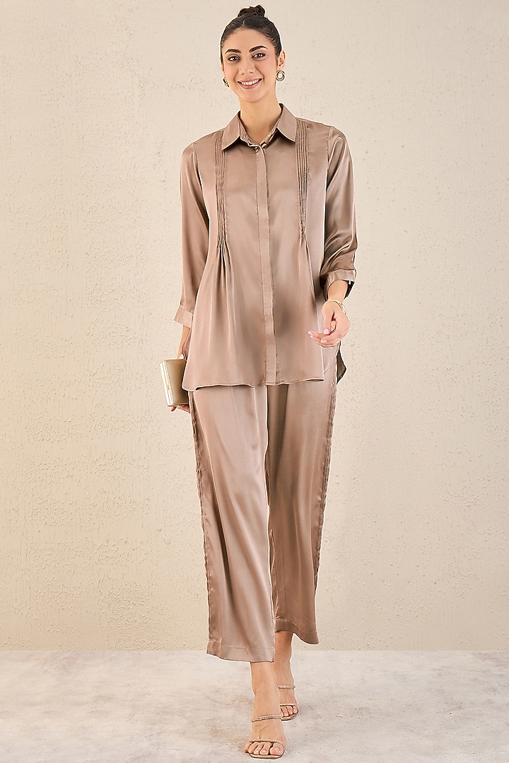 Hazel Brown Polyester Satin Co-Ord Set by First Resort by Ramola Bachchan at Pernia's Pop Up Shop