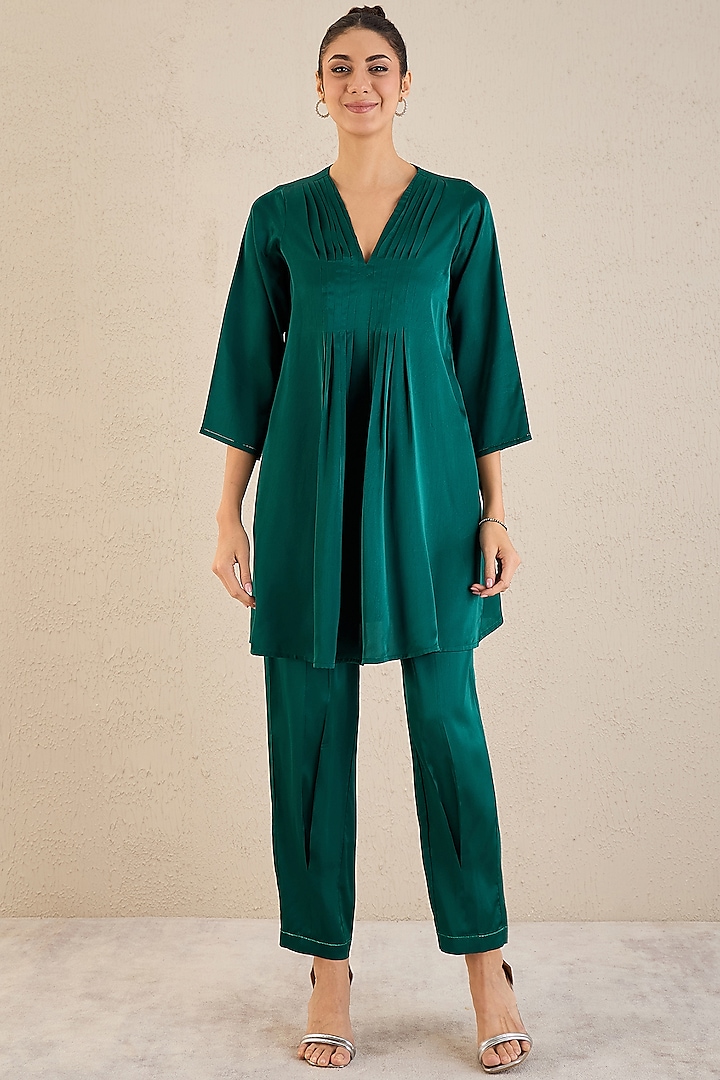 Emerald Green Polyester Satin Co-Ord Set by First Resort by Ramola Bachchan at Pernia's Pop Up Shop
