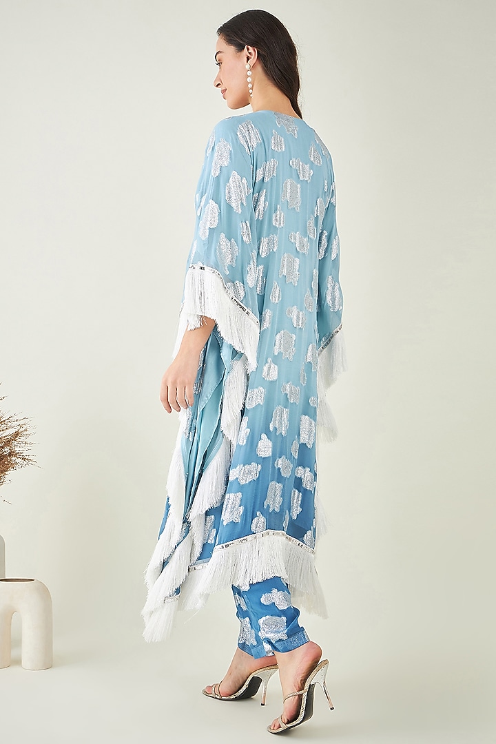 Blue Viscose Lurex Georgette & Nylon Satin Pearl Embroidered Ombre Kaftan Set by First Resort by Ramola Bachchan at Pernia's Pop Up Shop