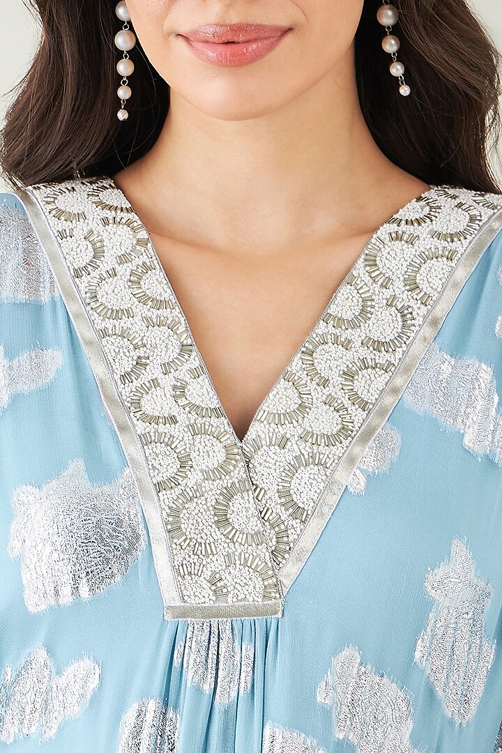 Blue Viscose Lurex Georgette & Nylon Satin Pearl Embroidered Ombre Kaftan Set by First Resort by Ramola Bachchan at Pernia's Pop Up Shop