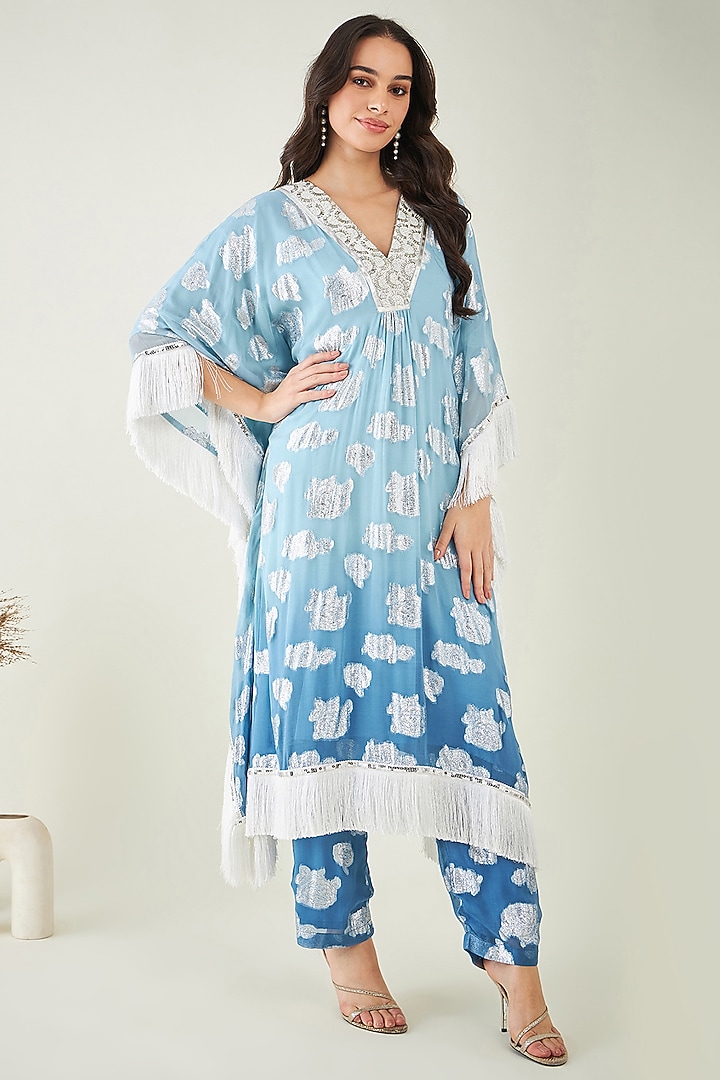 Blue Viscose Lurex Georgette & Nylon Satin Pearl Embroidered Ombre Kaftan Set by First Resort by Ramola Bachchan at Pernia's Pop Up Shop