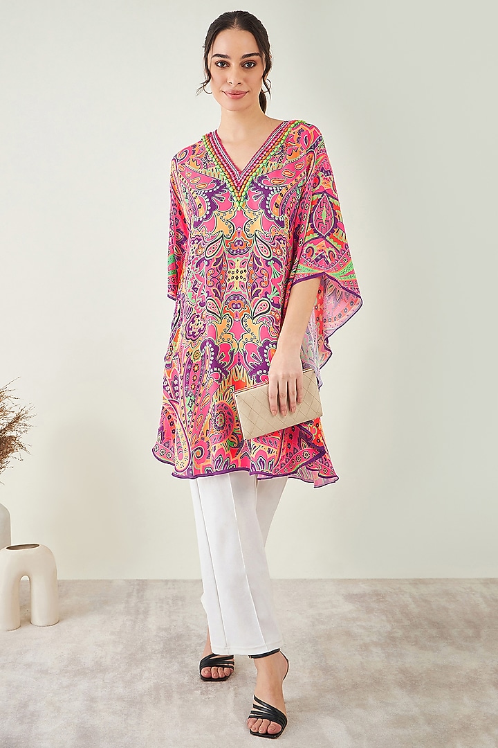 Rose Pink Double Viscose Floral Printed & Hand Embroidered Tunic by First Resort by Ramola Bachchan at Pernia's Pop Up Shop