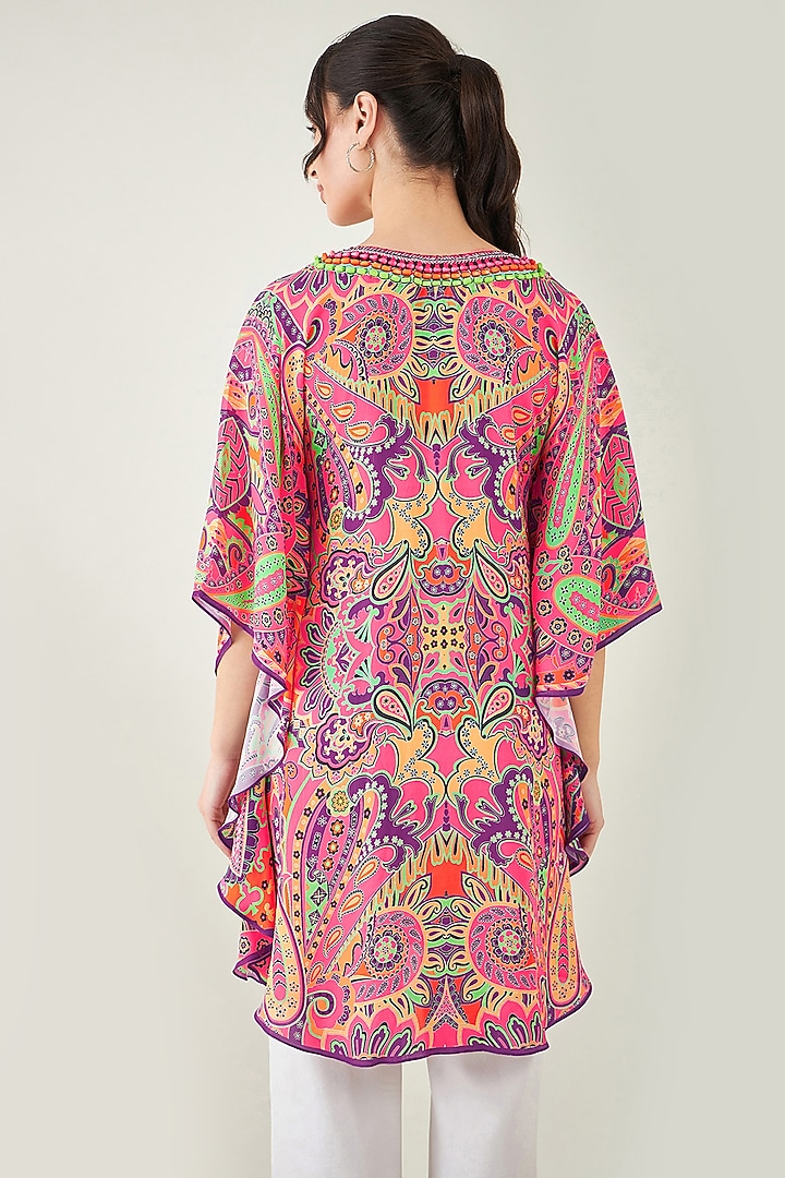 Rose Pink Double Viscose Floral Printed & Hand Embroidered Tunic by First Resort by Ramola Bachchan at Pernia's Pop Up Shop