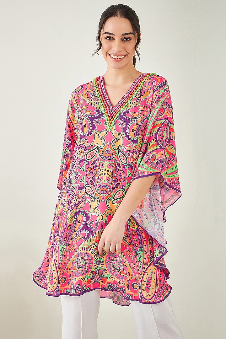 Rose Pink Double Viscose Floral Printed & Hand Embroidered Tunic by First Resort by Ramola Bachchan at Pernia's Pop Up Shop