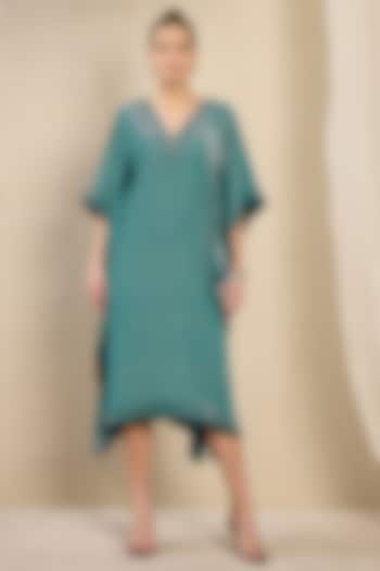 Turquoise Silk Velvet Printed & Crystal Embellished Kaftan Tunic by First Resort by Ramola Bachchan at Pernia's Pop Up Shop