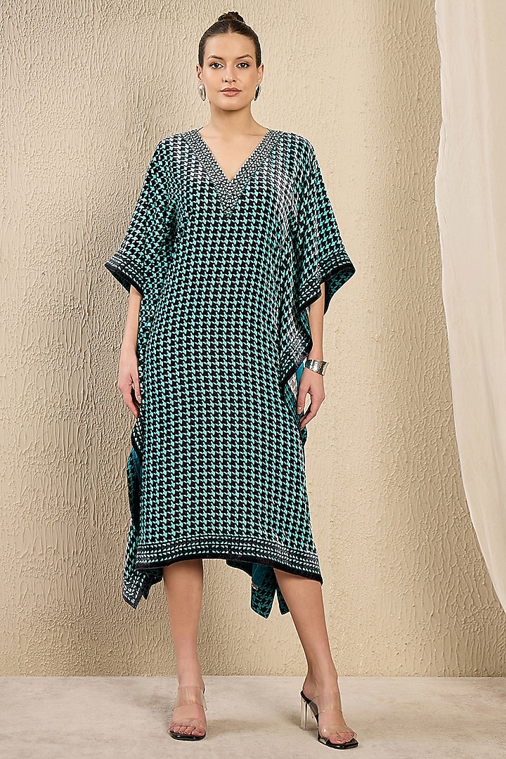 Turquoise Silk Velvet Printed & Crystal Embellished Kaftan Tunic by First Resort by Ramola Bachchan at Pernia's Pop Up Shop