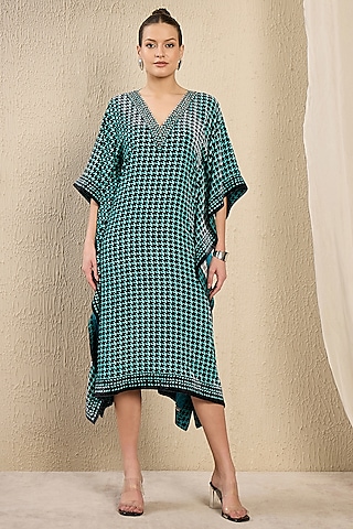 Turquoise Silk Velvet Printed & Crystal Embellished Kaftan Tunic by First Resort by Ramola Bachchan