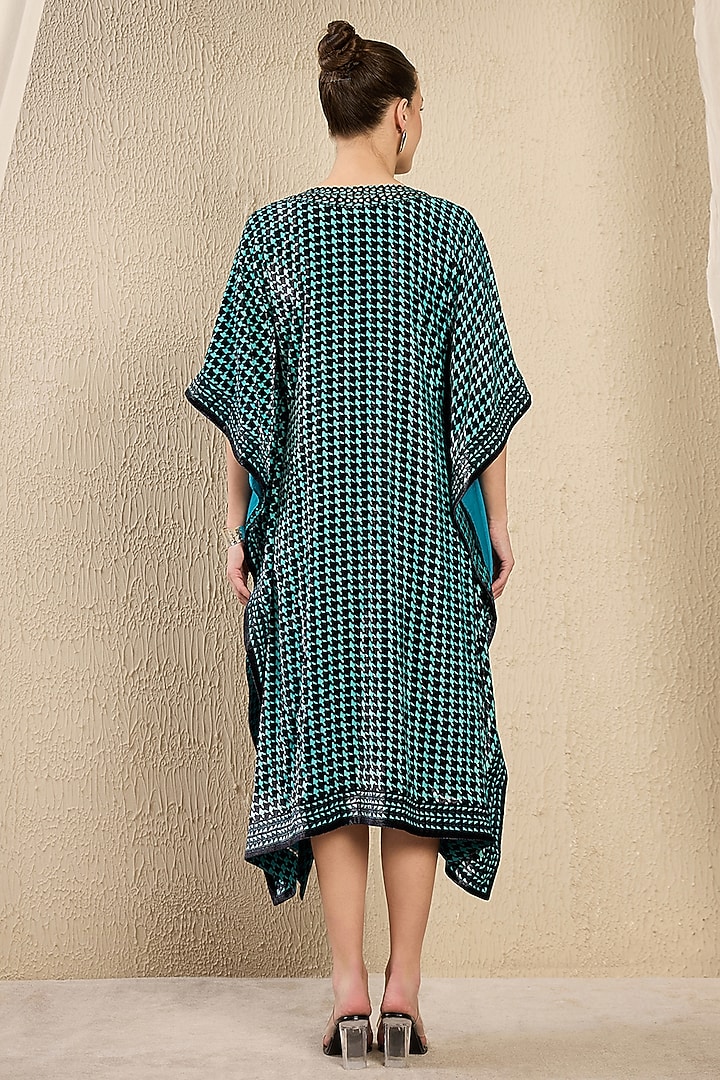 Turquoise Silk Velvet Printed & Crystal Embellished Kaftan Tunic by First Resort by Ramola Bachchan at Pernia's Pop Up Shop