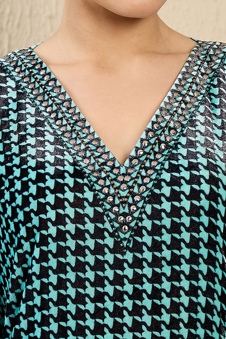 Turquoise Silk Velvet Printed & Crystal Embellished Kaftan Tunic by First Resort by Ramola Bachchan at Pernia's Pop Up Shop