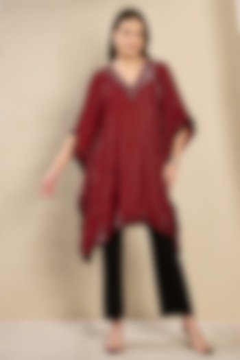 Wine Silk Velvet Printed & Crystal Embellished Kaftan Tunic by First Resort by Ramola Bachchan at Pernia's Pop Up Shop