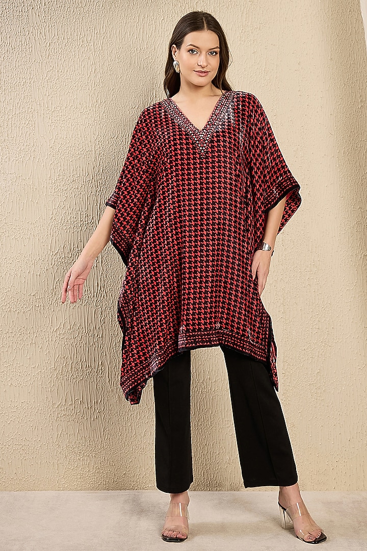 Wine Silk Velvet Printed & Crystal Embellished Kaftan Tunic by First Resort by Ramola Bachchan at Pernia's Pop Up Shop