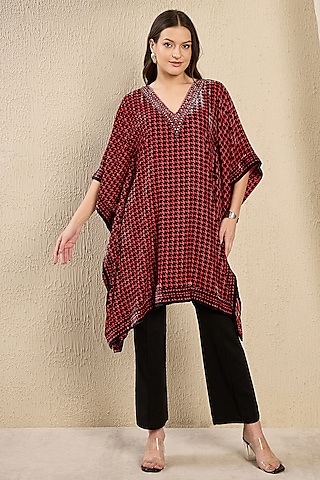 Wine Silk Velvet Printed & Crystal Embellished Kaftan Tunic by First Resort by Ramola Bachchan