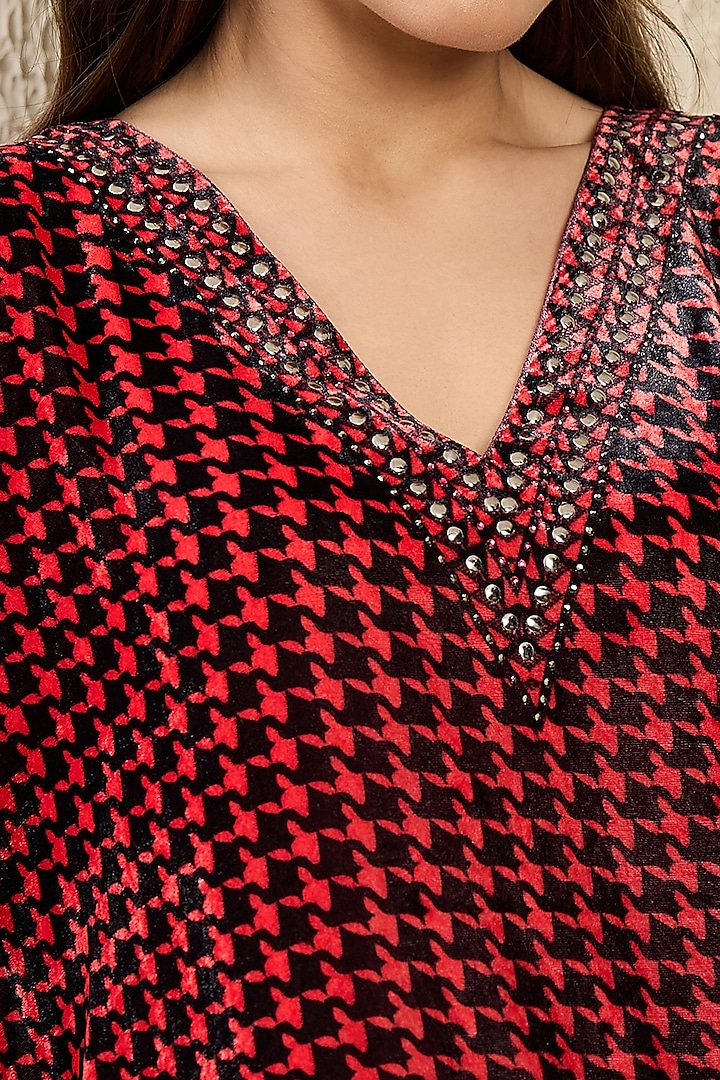 Wine Silk Velvet Printed & Crystal Embellished Kaftan Tunic by First Resort by Ramola Bachchan at Pernia's Pop Up Shop