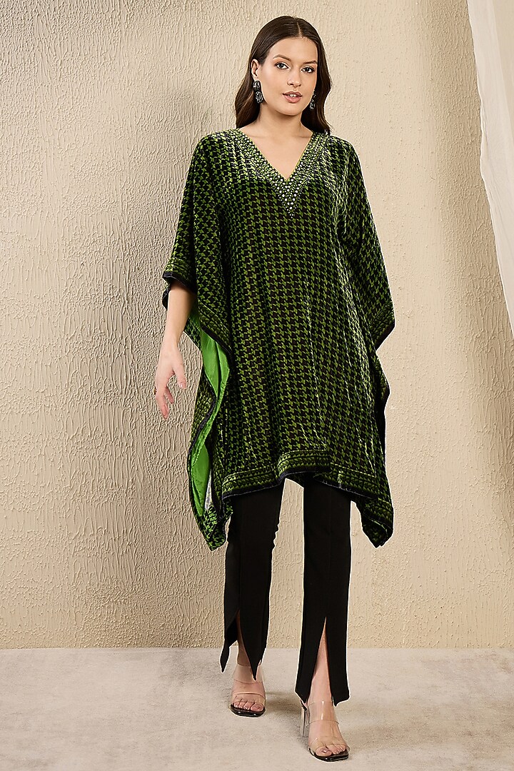 Emerald Green Silk Velvet Printed & Crystal Embellished Kaftan Tunic by First Resort by Ramola Bachchan at Pernia's Pop Up Shop