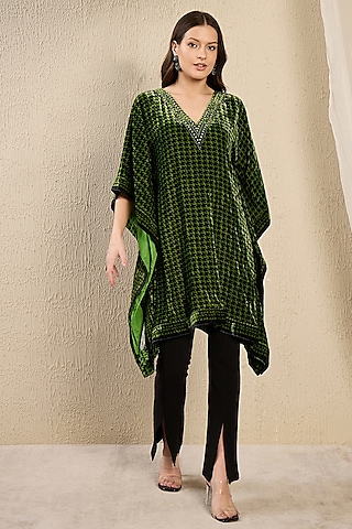 Emerald Green Silk Velvet Printed & Crystal Embellished Kaftan Tunic by First Resort by Ramola Bachchan