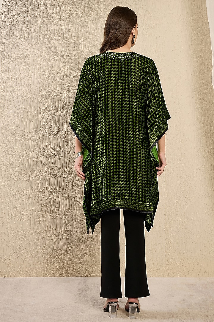 Emerald Green Silk Velvet Printed & Crystal Embellished Kaftan Tunic by First Resort by Ramola Bachchan at Pernia's Pop Up Shop