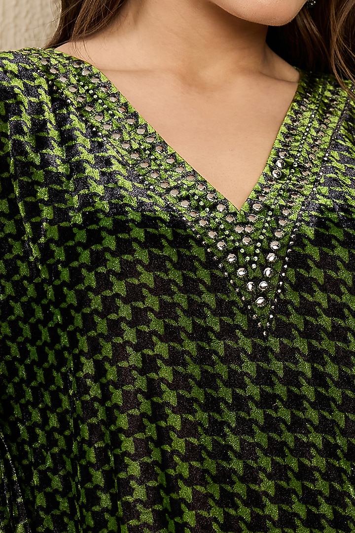 Emerald Green Silk Velvet Printed & Crystal Embellished Kaftan Tunic by First Resort by Ramola Bachchan at Pernia's Pop Up Shop