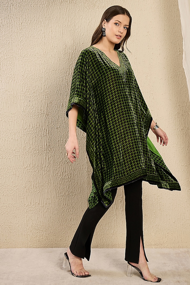 Emerald Green Silk Velvet Printed & Crystal Embellished Kaftan Tunic by First Resort by Ramola Bachchan at Pernia's Pop Up Shop