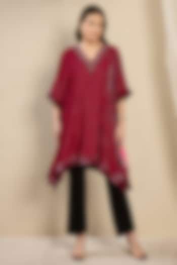 Red Silk Velvet Printed & Crystal Embellished Kaftan Tunic by First Resort by Ramola Bachchan at Pernia's Pop Up Shop