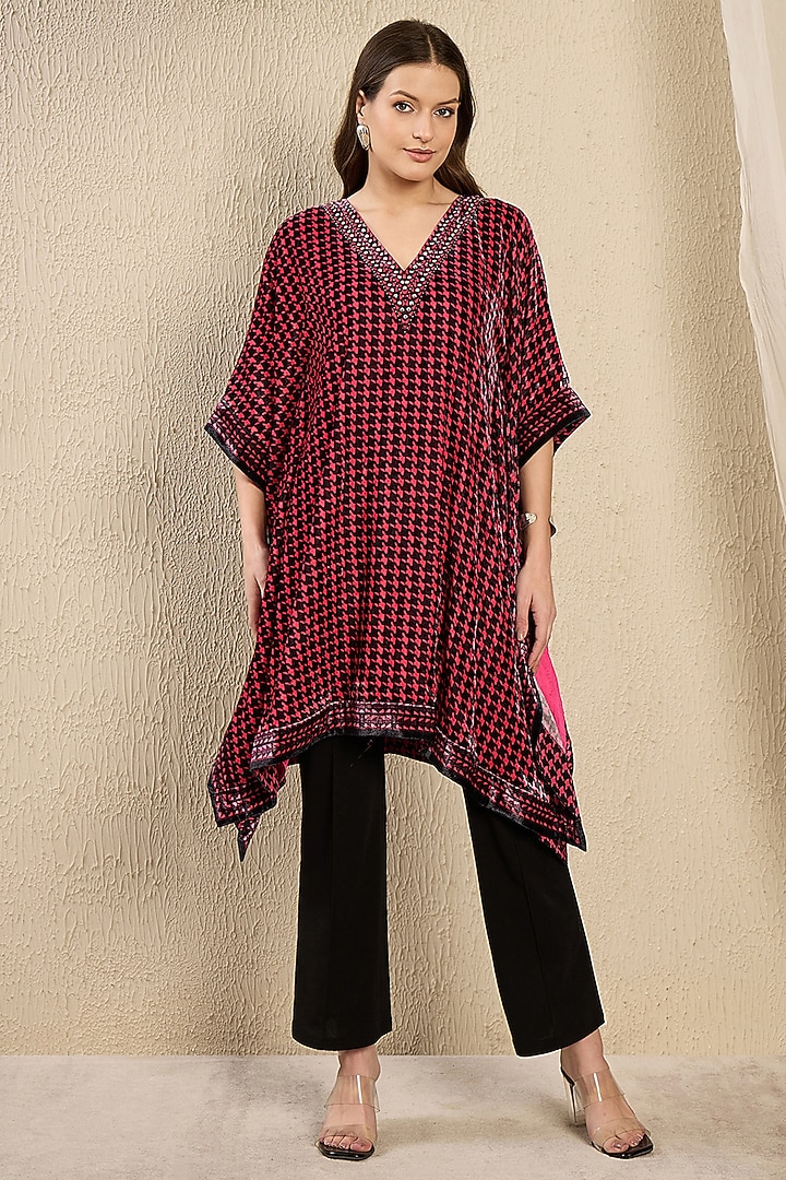 Red Silk Velvet Printed & Crystal Embellished Kaftan Tunic by First Resort by Ramola Bachchan at Pernia's Pop Up Shop