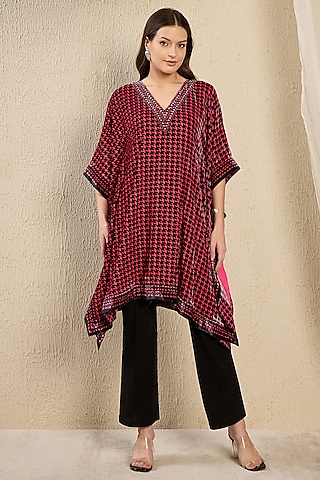 Red Silk Velvet Printed & Crystal Embellished Kaftan Tunic by First Resort by Ramola Bachchan