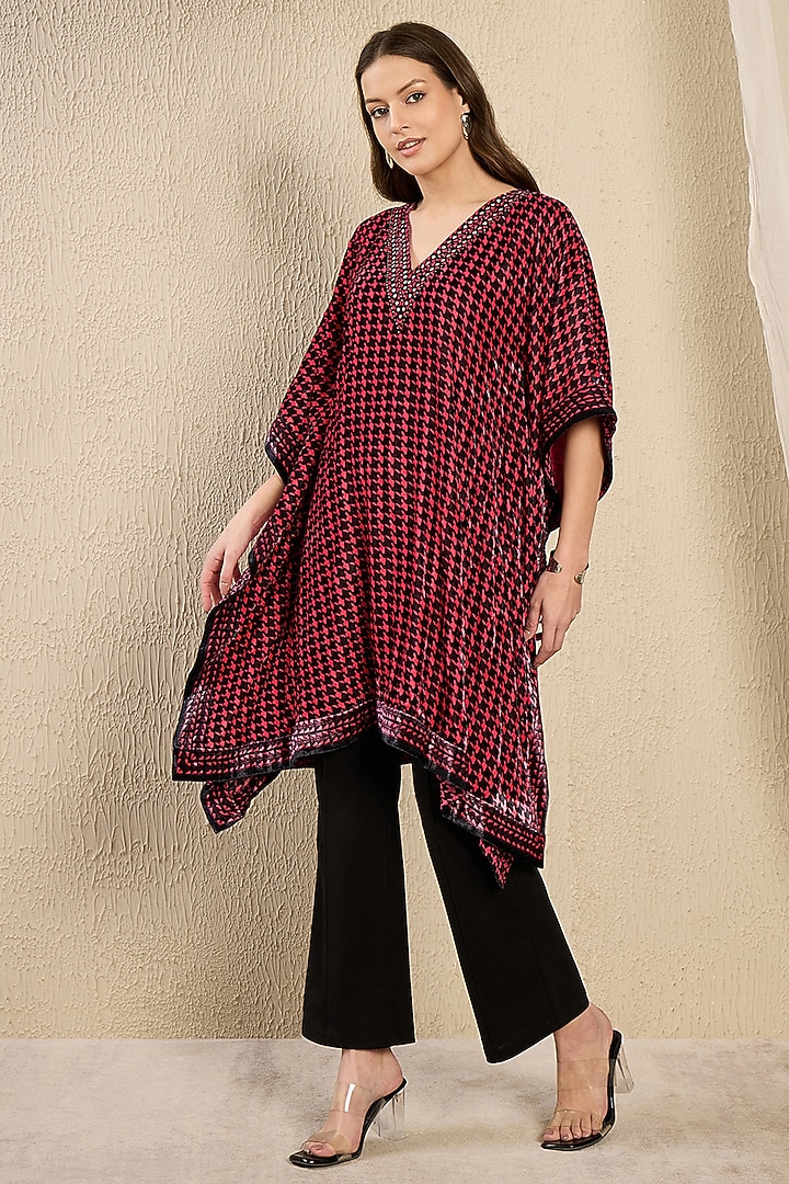 Red Silk Velvet Printed & Crystal Embellished Kaftan Tunic by First Resort by Ramola Bachchan at Pernia's Pop Up Shop