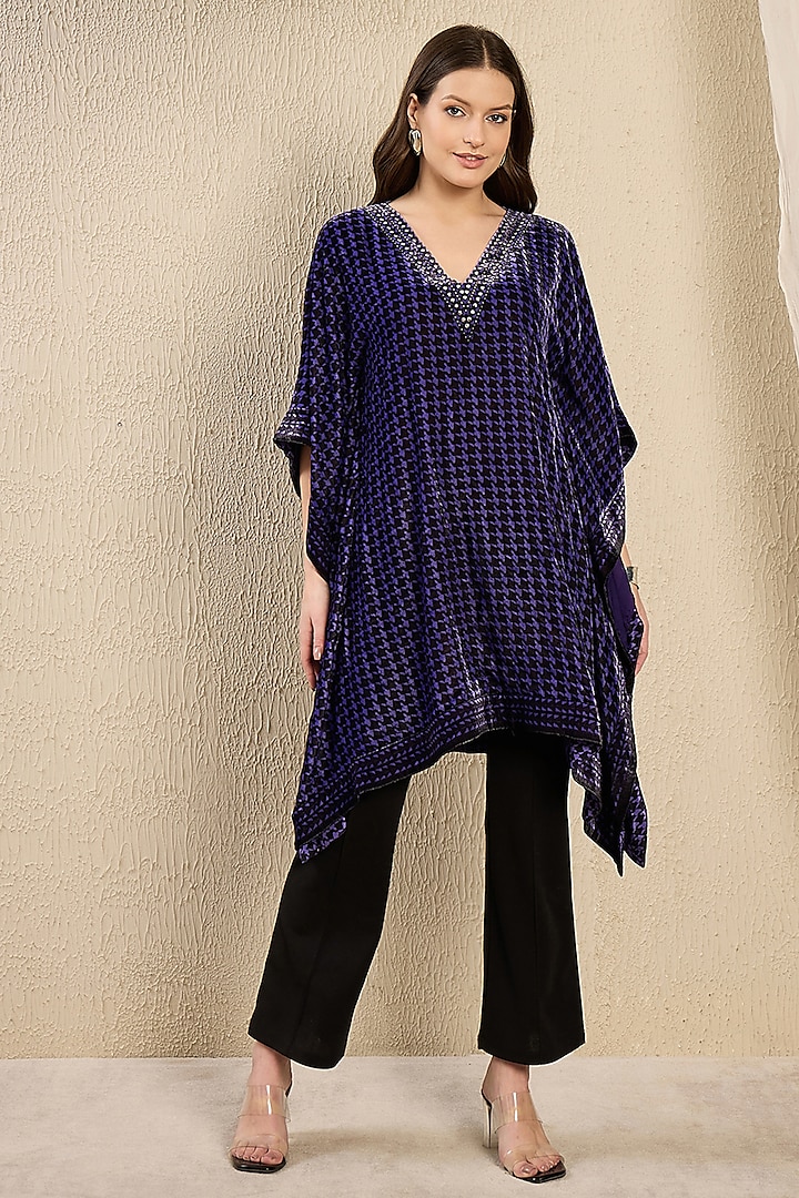 Purple Silk Velvet Printed & Crystal Embellished Kaftan Tunic by First Resort by Ramola Bachchan at Pernia's Pop Up Shop