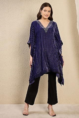 Purple Silk Velvet Printed & Crystal Embellished Kaftan Tunic by First Resort by Ramola Bachchan