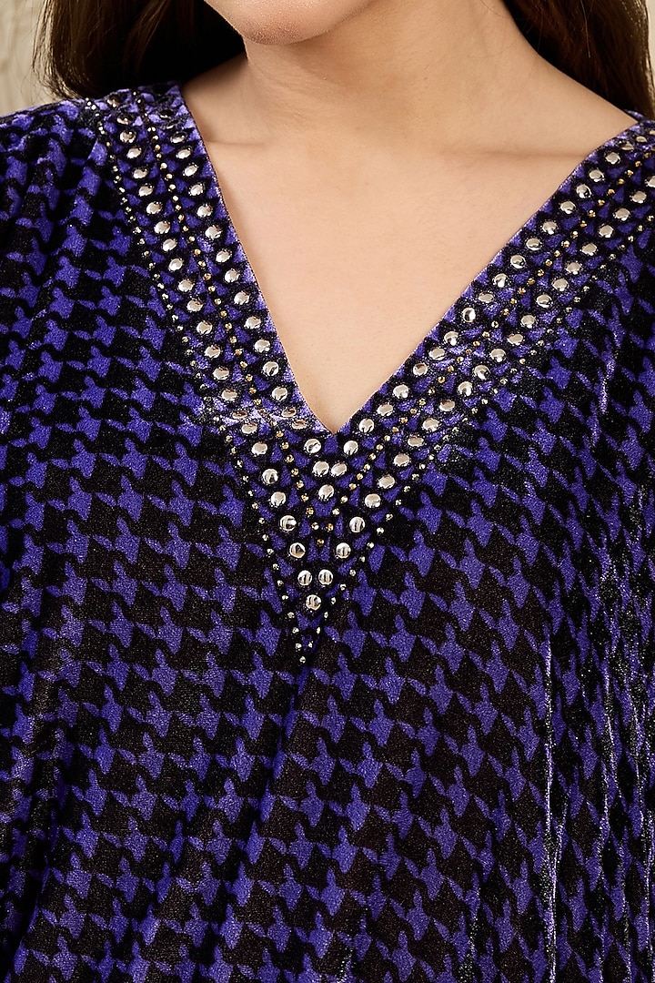 Purple Silk Velvet Printed & Crystal Embellished Kaftan Tunic by First Resort by Ramola Bachchan at Pernia's Pop Up Shop