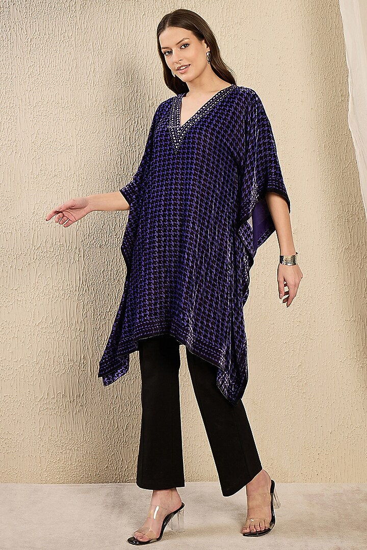 Purple Silk Velvet Printed & Crystal Embellished Kaftan Tunic by First Resort by Ramola Bachchan at Pernia's Pop Up Shop