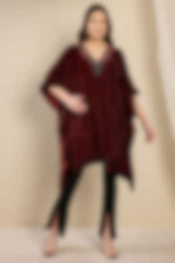 Rust Red Silk Velvet Printed & Crystal Embellished Kaftan Tunic by First Resort by Ramola Bachchan at Pernia's Pop Up Shop