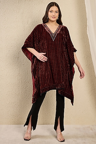 Rust Red Silk Velvet Printed & Crystal Embellished Kaftan Tunic by First Resort by Ramola Bachchan