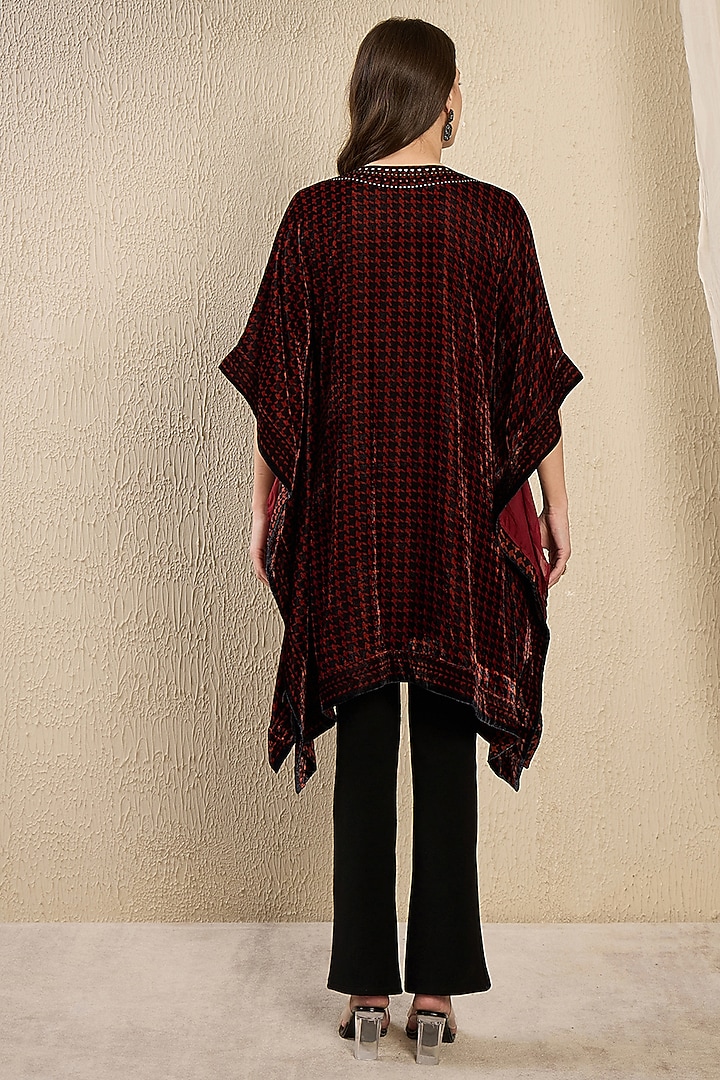 Rust Red Silk Velvet Printed & Crystal Embellished Kaftan Tunic by First Resort by Ramola Bachchan at Pernia's Pop Up Shop