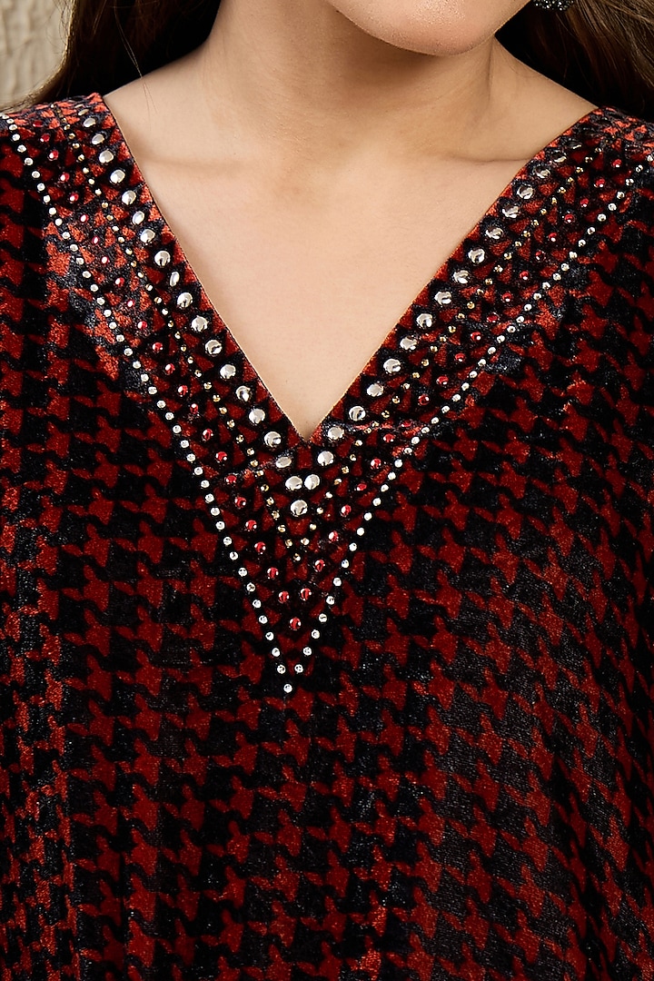 Rust Red Silk Velvet Printed & Crystal Embellished Kaftan Tunic by First Resort by Ramola Bachchan at Pernia's Pop Up Shop