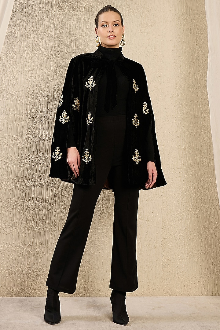 Black Micro Velvet Motif Hand Embroidered Cape by First Resort by Ramola Bachchan at Pernia's Pop Up Shop