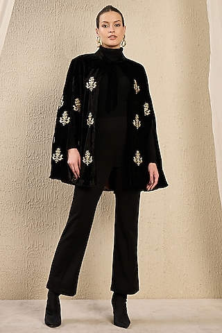 Black Micro Velvet Motif Hand Embroidered Cape by First Resort by Ramola Bachchan