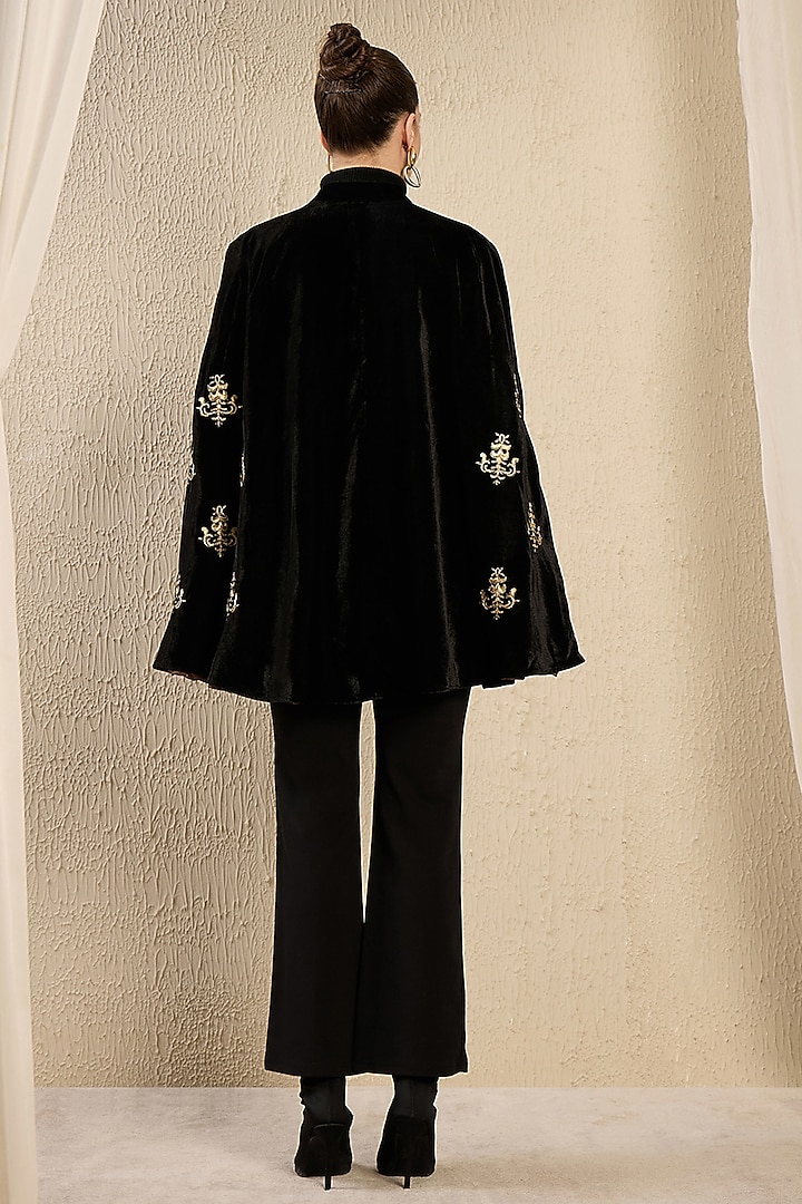 Black Micro Velvet Motif Hand Embroidered Cape by First Resort by Ramola Bachchan at Pernia's Pop Up Shop