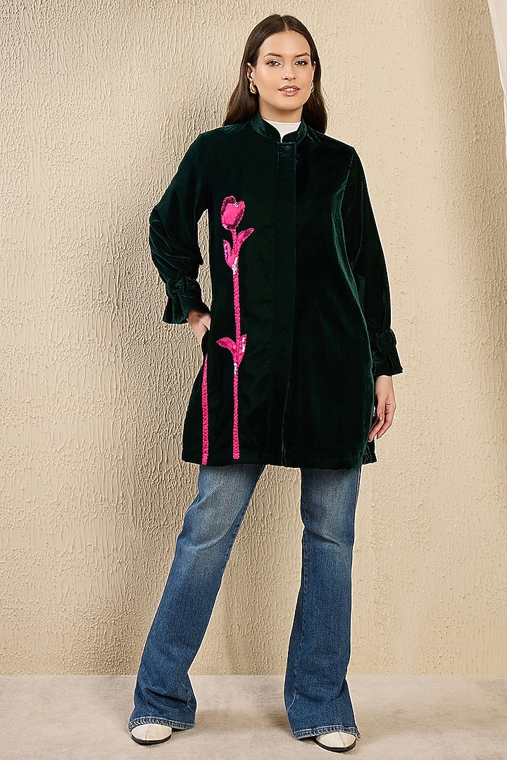 Emerald Green Micro Velvet Hand Embroidered Jacket by First Resort by Ramola Bachchan at Pernia's Pop Up Shop